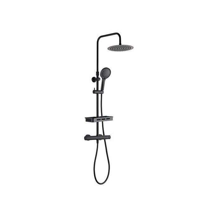Shower column with thermostatic mixer - Edouard Rousseau - Ars Tab - Black - Round overhead shower - Hand shower