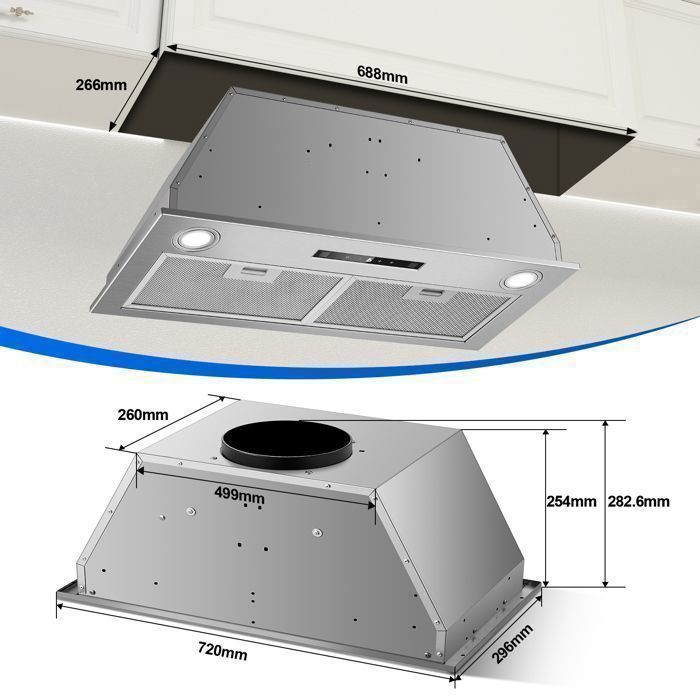 Hotte Asipirante,hotte encastrable,400 m³/h,Fonction Booster, A++,Recyclage avec filtre charbon ,Gestuelle  Tactile,72CM