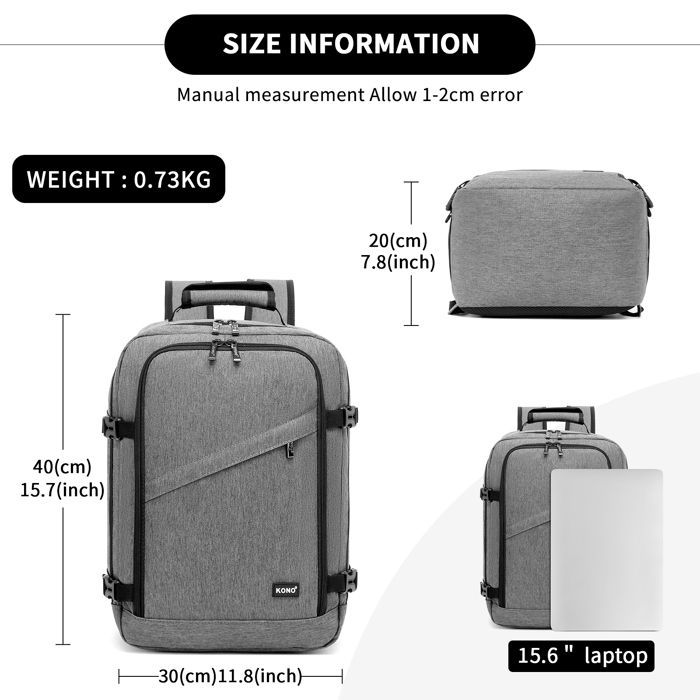 Mochila Kono de 40x30x20cm, compatible con Ryanair, 24L, para equipaje de mano debajo del asiento en avión, para hombres y mujeres, color gris.