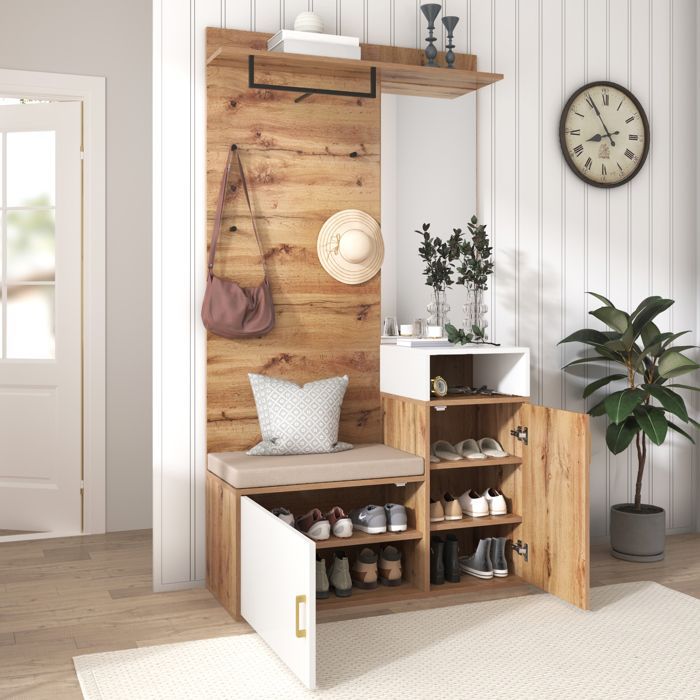 Garderobenset für den Eingangsbereich 105x40x190cm - Garderobenständer + Schuhbank + Spiegel - Weiß+Natur
