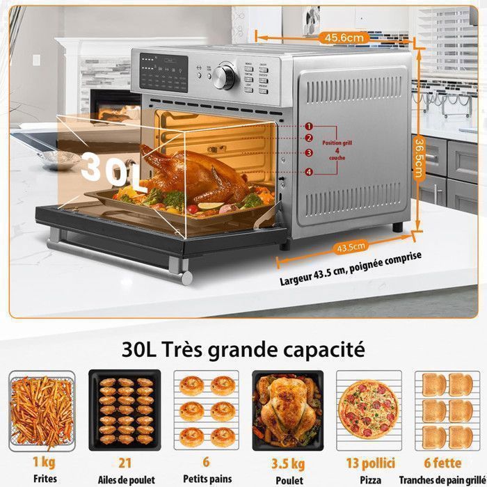Mini four professionnel - Four a air, 30L/18 Programmes/30-230℃,  Lumière intégrée, Cavité et plateaux en acier inoxydable
