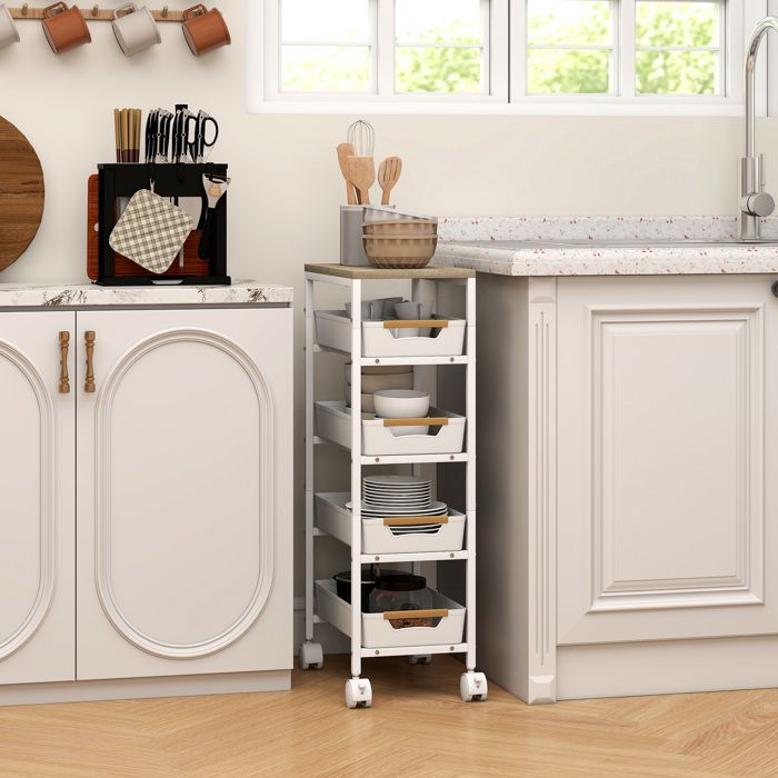 Carrito de cocina - HOMCOM - con ruedas - 5 estantes - 4 cajones deslizantes y estante de almacenamiento - blanco