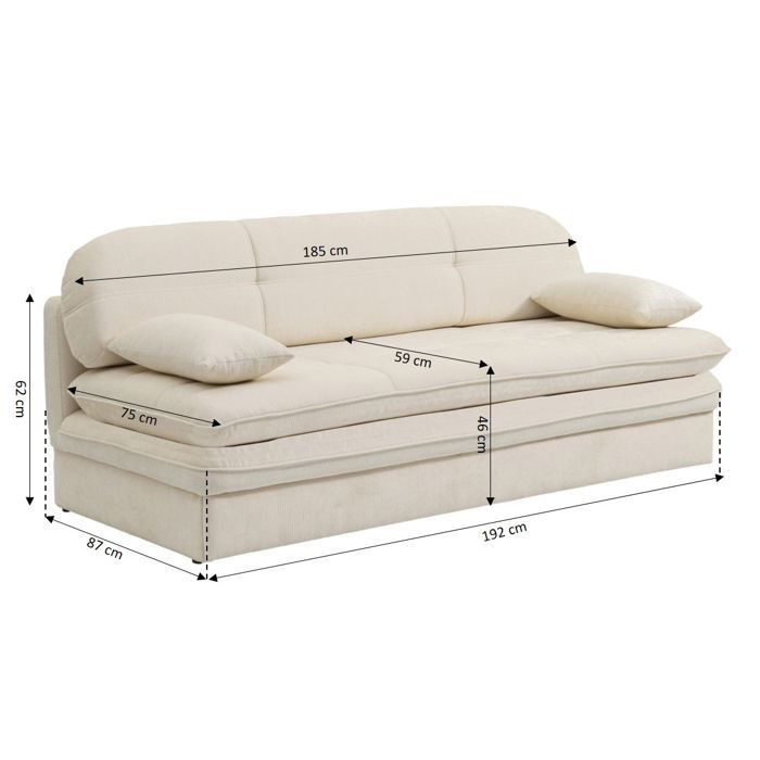Sofá convertible de 3 plazas CILA en tela beige.