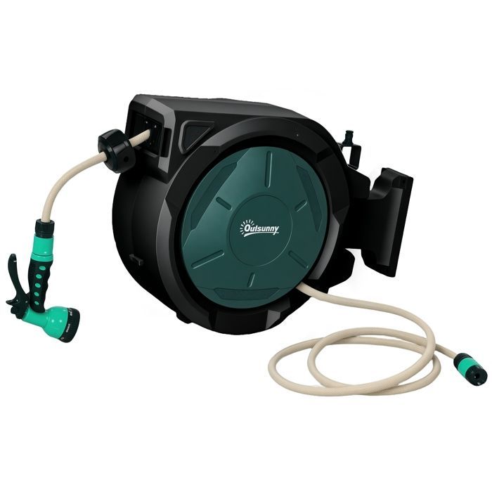 Wall-Mounted Hose Reel - Outsunny - 30m x 15mm Diameter - Automatic Retractable, 180° Swivel - 7-Mode Nozzle - Green