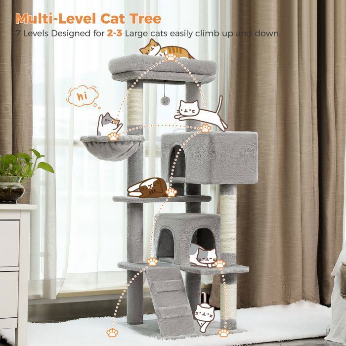 Árvore para Gatos PAWZ Road XL com Almofada Removível, Poste para Arranhar, Condomínio Duplo Grande para Gatos Grandes, 143cm Cinza