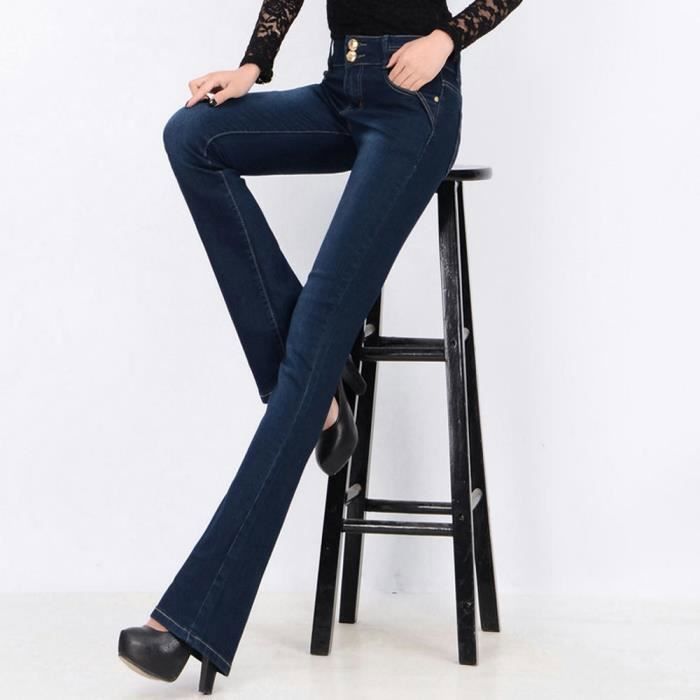 Pantalones vaqueros acampanados de talle alto para mujer, corte ajustado, bota, de mezclilla elástica con cómodo efecto lavado - Azul oscuro