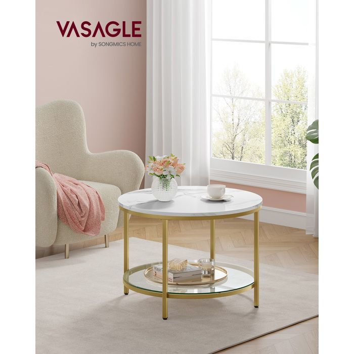 Tavolino da caffè VASAGLE, tavolino da soggiorno, effetto marmo, piano in vetro temperato, facile da montare, marmo bianco e oro chiaro.