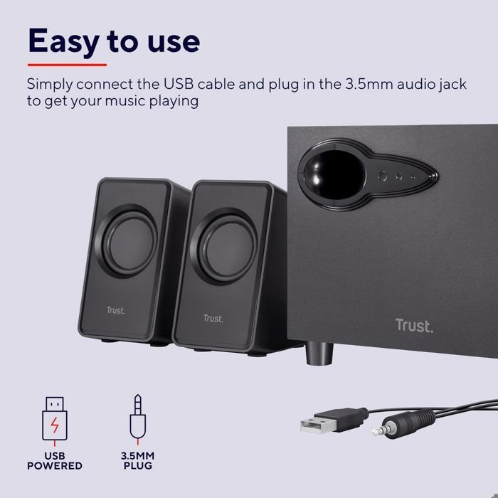 Trust Avora Enceinte PC 2.1, Caisson de Basses en Bois, 18W (9W RMS), USB, Jack 3,5 mm, Système d'enceintes Compactes,