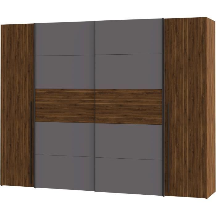 Armoire NARAGO - Décor Noyer Bakersfield et gris - 2 portes coulissantes + 2 portes battantes - L270 x P61 x H210 cm
