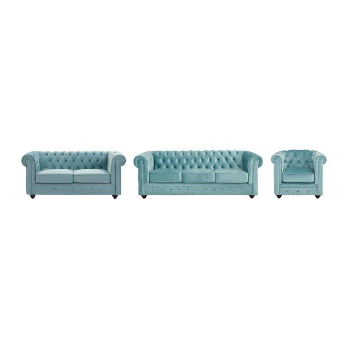 3-zits en 2-zitsbanken en een fauteuil in pastelblauw CHESTERFIELD-fluweel