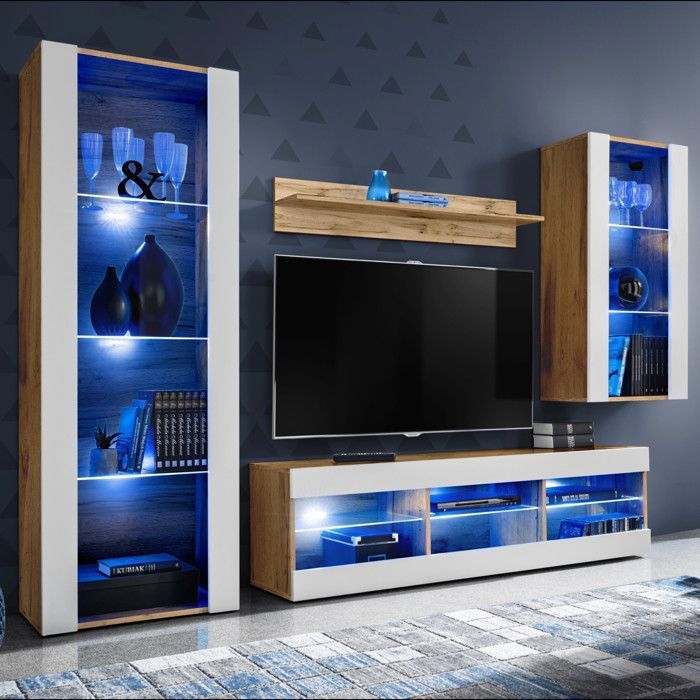 Mobile porta TV Tivoli Medio Komodee - LED blu - Bianco opaco e legno naturale - 195x159x35 cm