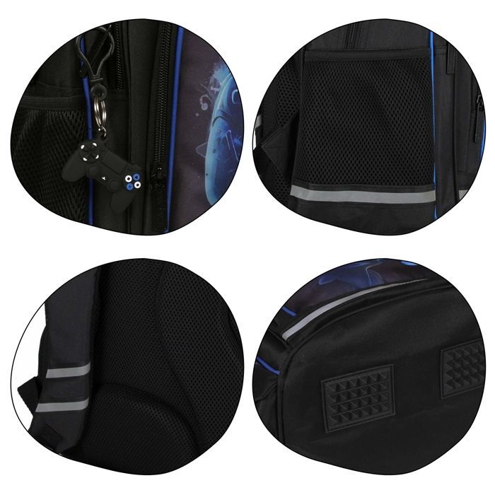 Sac à dos scolaire rembourré bleu-noir pour garçon, avec réflecteurs, pour manette de jeu 40x29x20cm, 23 l
