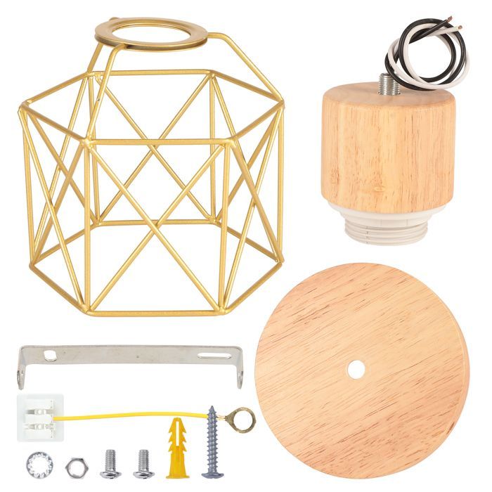 SNOGOLD Plafonnier Industriel Lampe de Plafond Rétro en Métal et Bois, Vintage E27 Luminaire Hexagone Cage Doré pour Salon Chambre