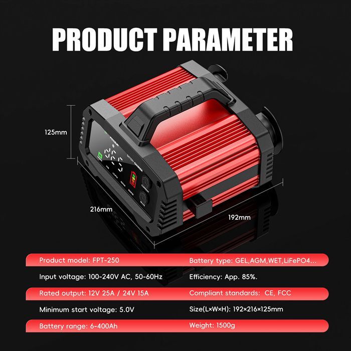 Chargeur de Batterie de Voiture Intelligent Portable 25A/15A pour Moto 12V 24V, Plomb-acide AGM LiFePo4, Courant de Charge Optionnel