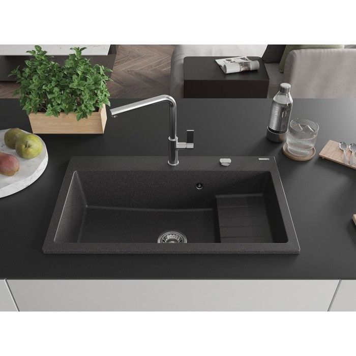 Mexen Omar granieten spoelbak, 1 kom, 800 x 480 mm, gespikkeld zwart, chromen sifon - 6520801005-76