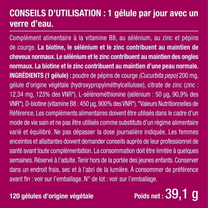Biotina • Integratore alimentare per la crescita di capelli e unghie • Prodotto in Francia • 120 capsule vegetali - Nutrimea