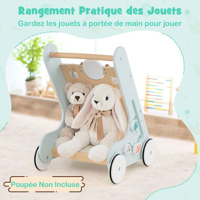 DREAMADE Wooden Baby Walker, Montessori Baby Walker with Mirror & Storage Space & Educational Toy, Light Green