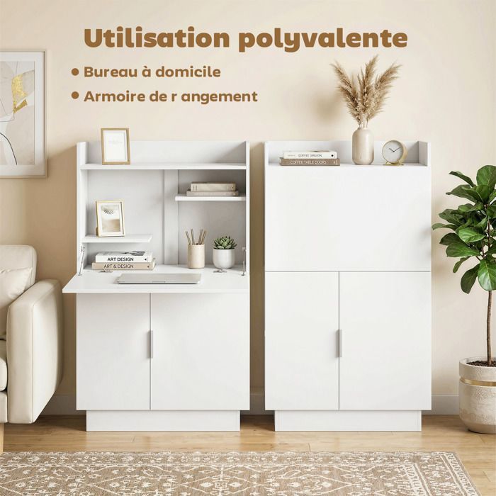 Escritorio para ordenador - HOMCOM - diseño plegable con tablero abatible, estantes y armario - madera - 80x30x128cm - blanco