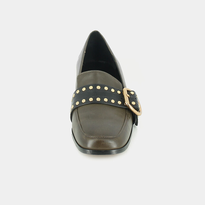 Mocassins à petits talons  en cuir kaki