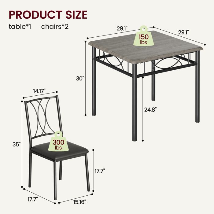 Ensemble Table et 2 Chaises, Set de Salle à Manger MDF, pour Cuisine, Petit Espace, Appartement, Jardin, Studio, Salon,gris