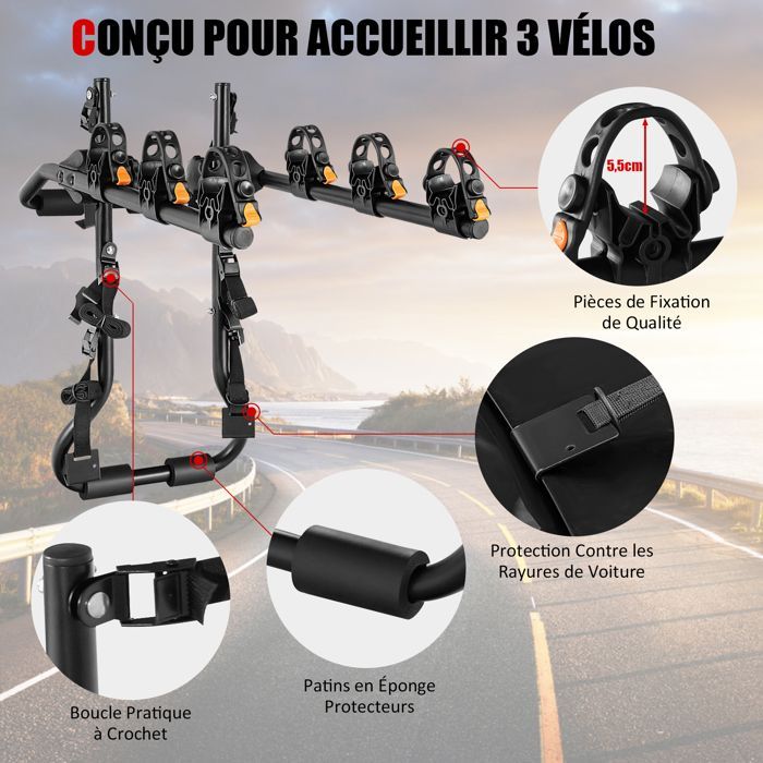 Portabicicletas trasero COSTWAY para 3 bicicletas con longitud y ángulo ajustables, plegable, capacidad de 45 kg para portones traseros de SUV universales, color negro.
