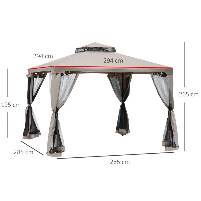 Gazebo Outsunny - Metal - 294x294x265cm - Taupe