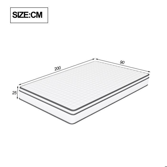 Matelas 90x200 cm, 25 cm, Hybride à ressorts ensachés, Mémoire de forme, Confort moyen, Respirant 3D, Design ergonomique,