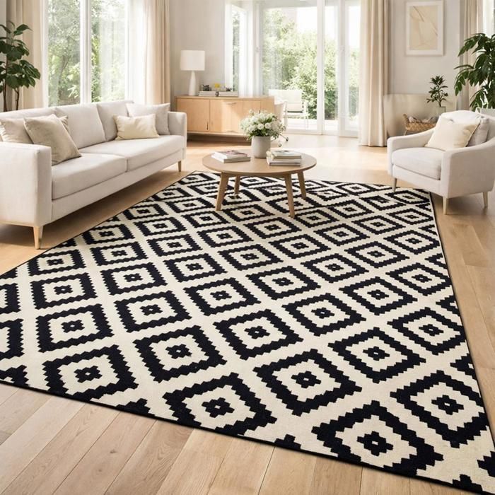 tapis salon 200x290 tissé crème rectangle motif scandinave LYN1 ROMA