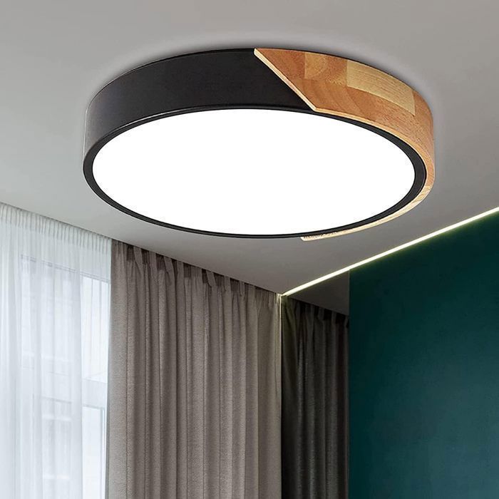 DELIPOP Modern LED Ceiling Light 24W 6500K Black Round Wooden Ceiling Lamp for Bedroom, Dining Room, Kitchen - White Light - Diameter