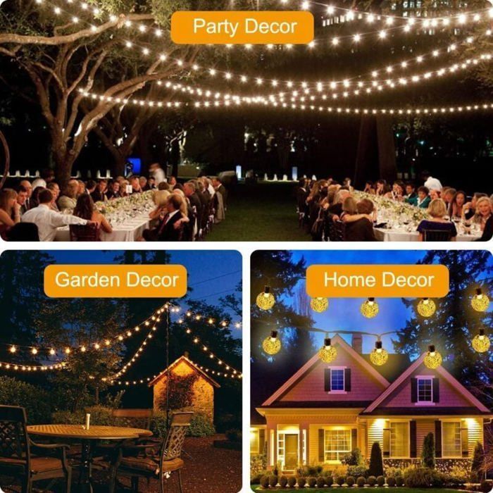 Luci a stringa solari, 11 m, 60 LED, luci a stringa solari per esterni, luce bianca calda, 8 modalità per giardino, Natale, matrimoni, feste