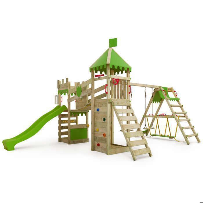 Tour de jeux bois FATMOOSE RiverRun Royal XXL avec SurfSwing, toboggan 220 cm vert pomme et pont suspendu – 10 ans de garantie*