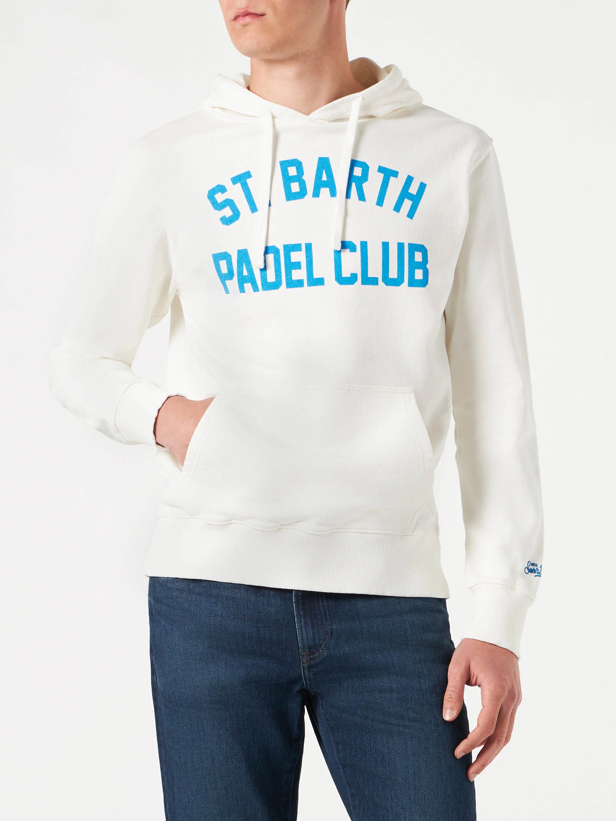 Felpa da uomo bianca in cotone con cappuccio e stampa St. Barth Padel