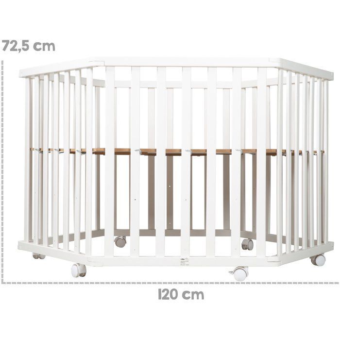 Parc hexagonal - ROBA - FOX & BUNNY - De la naissance jusqu'à 15 kg - Réglable - Roulettes - Blanc laqué
