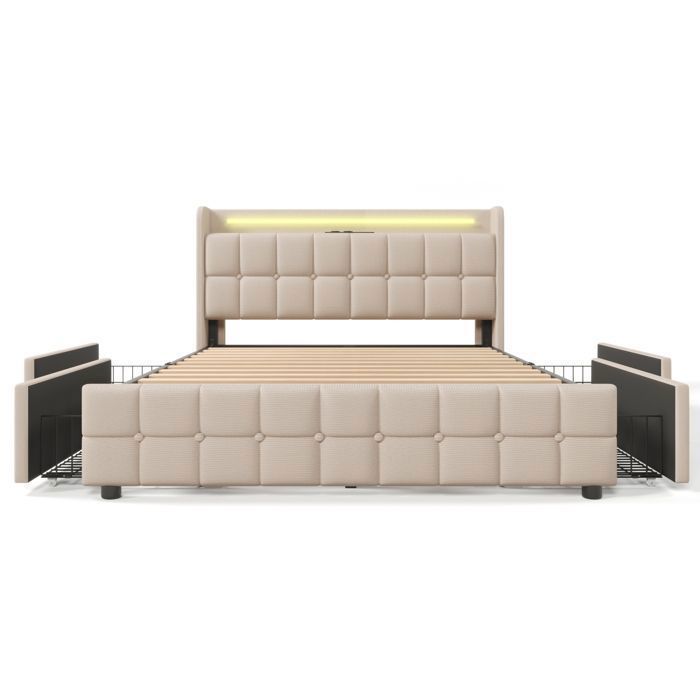 Cama doble tapizada de 180x200cm, cama adulta con iluminación LED, cajones y cargador USB, cama con espacio de almacenamiento, con somier de láminas, color beige.