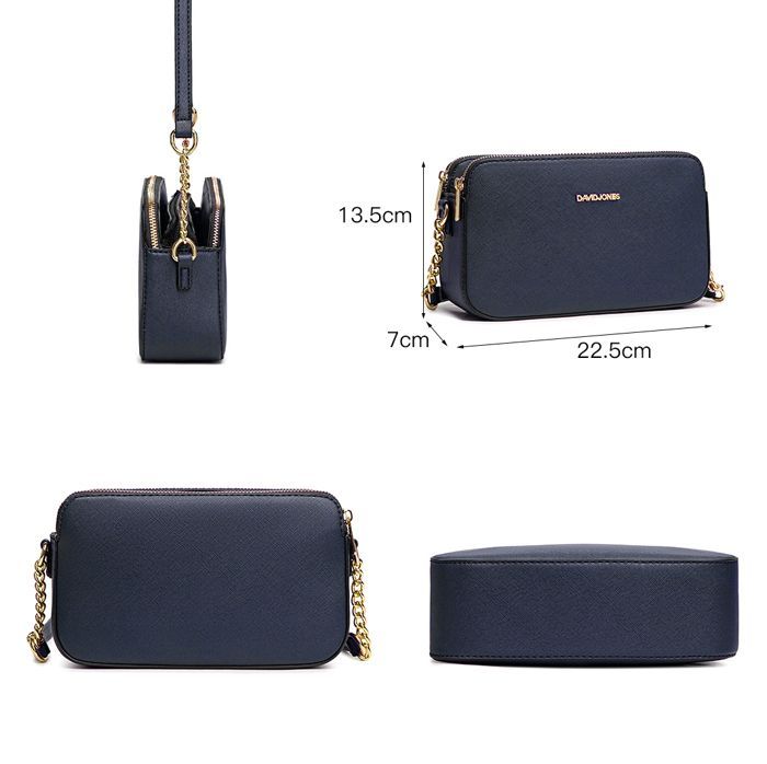 David Jones - Petit Sac Bandoulière Femme - Besace Chaînes Porté Epaule Cuir PU 3 Compartiments - Sacoche Multipoche - Bleu
