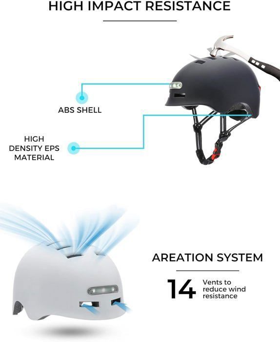 Casque de Vélo ou Scooter Électrique avec Voyant Rouge + feu Avant Blanc Casque VTT, WOVTE Patins Léger avec Doublure Amovible