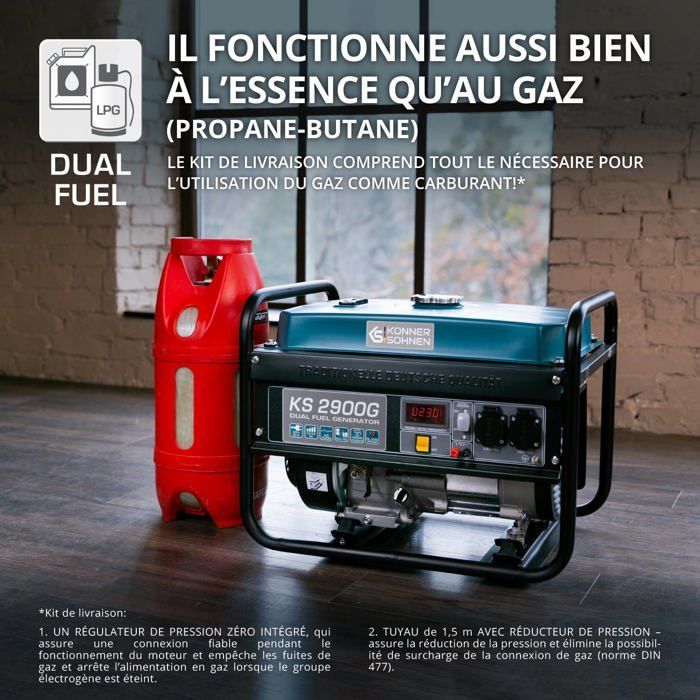 Groupe électrogène à essence-gaz KS 2900G Könner & Söhnen, puissance max 2900W, démarrage manuel, régulateur AVR, affichage LED.