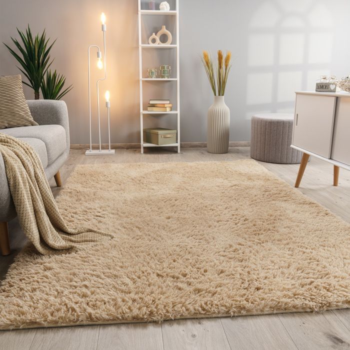 Alfombra Paco Home de pelo largo y suave para sala de estar, de piel sintética, color beige suave, 160x220 cm