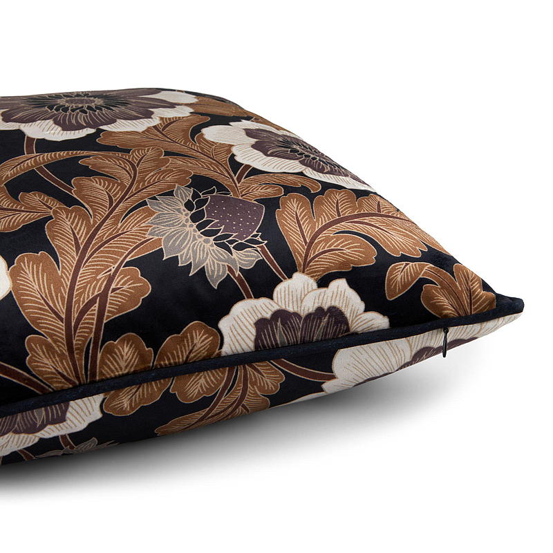 Housse de coussin 45x45 cm en chenille marron à fleurs