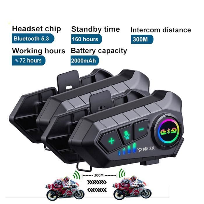 Como alternativa, está el intercomunicador inalámbrico doble para motocicletas PRUMYA, con un alcance de 300 m, asistente de voz, clasificación IPX6 y una duración de batería de 30 horas.