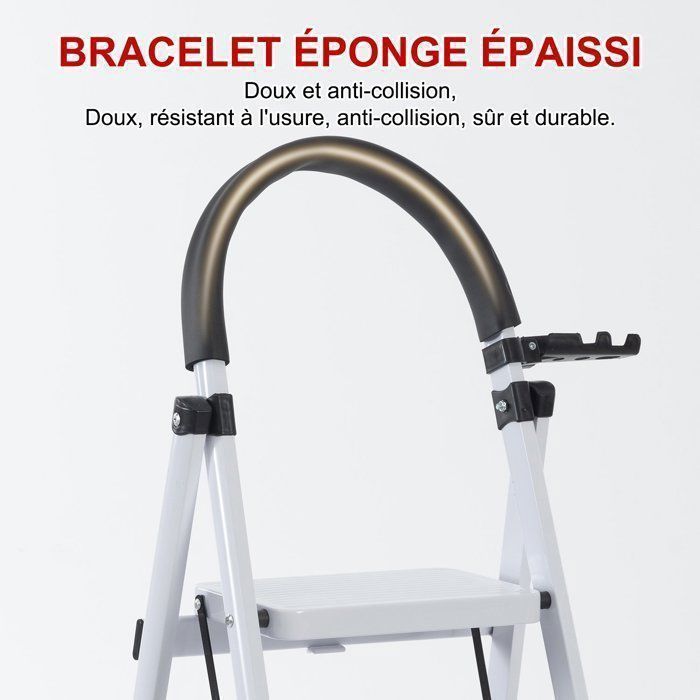 Escalera plegable de 5 peldaños Seven Comfort con pedal antideslizante - 74 × 47 × 139 cm - Escalera de acero estable de 150 kg - Blanca