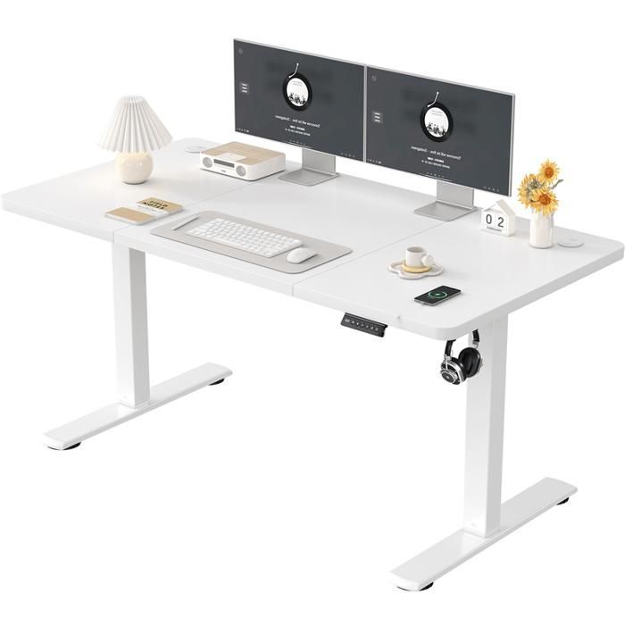 Escritorio eléctrico regulable en altura de 140x60cm, color blanco - Altura ajustable (73-118cm) - Motor silencioso con memoria y puertos USB