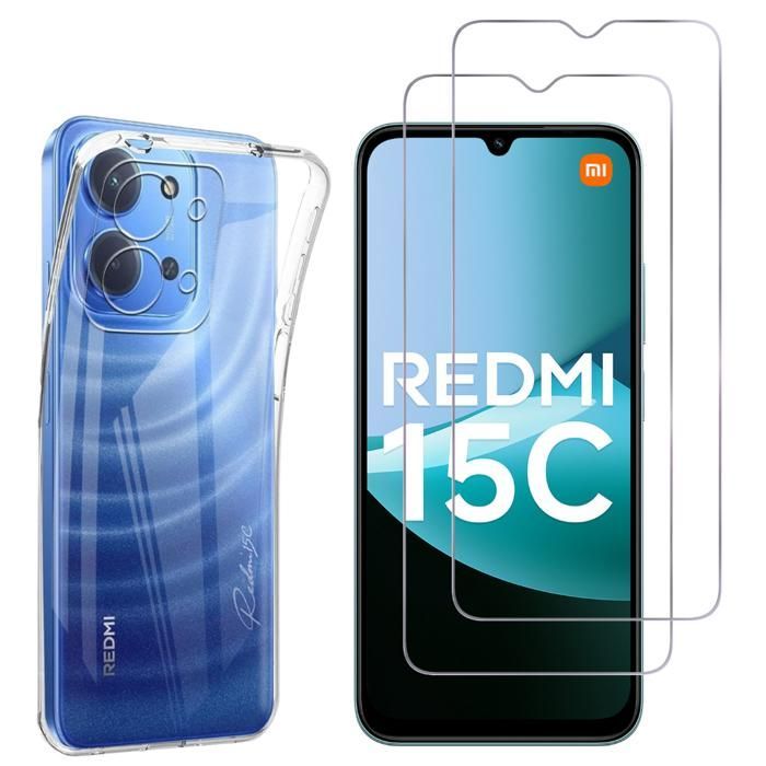 Case and screen protector - PHONILLICO - Xiaomi Redmi 15C 4G - Flexible - Transparent - 2 Tempered Glass Screen Protectors