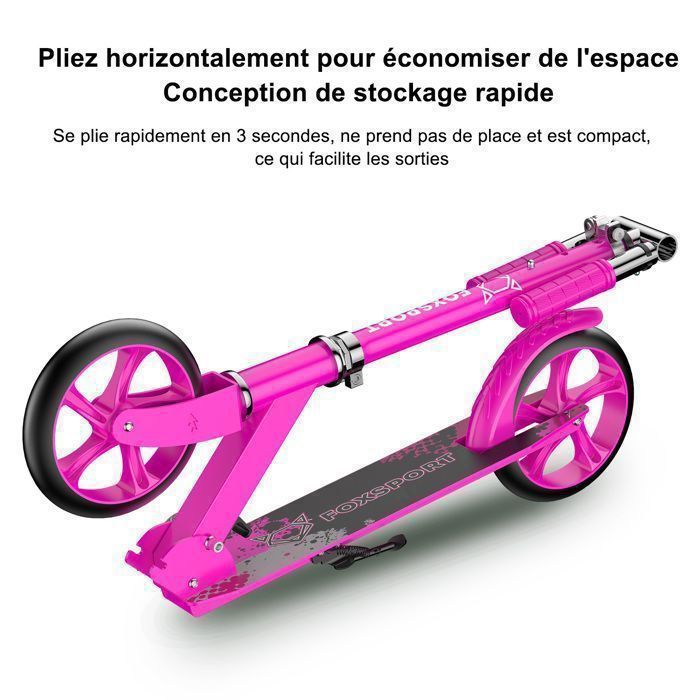 Trottinette ad et adulte  - FOXSPORT - Pliable - Chargée jusqu'à 100KG - Guidon réglable de 3 Niveaux - Roues PU 200mm