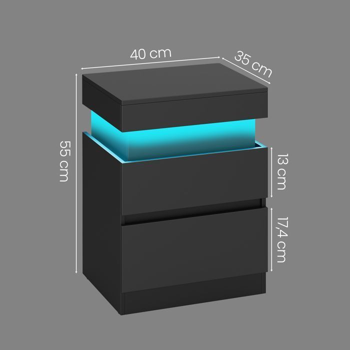 Table de Chevet Moderne avec LED, Lot de 2, Table d’Appoint, 2 Tiroirs, Multiprise Intégrée, 35 x 40 x 55 cm, Noir