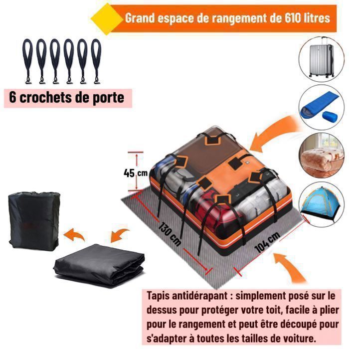 Coffre de Toit - 640L - Sac de Toit Voiture Étanche PVC 130*104*45 cm,10 Sangles 6 Crochets de Porte,Tapis,Serrure