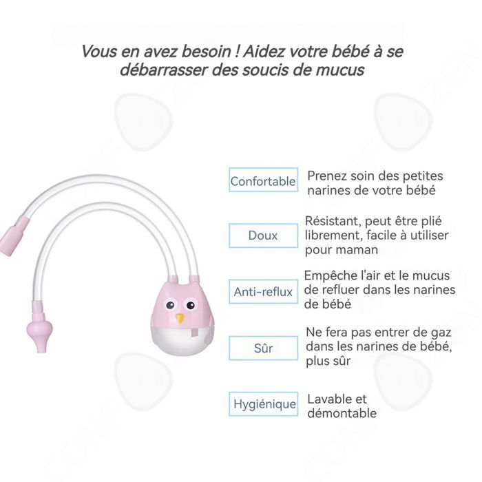 Aspirador nasal manual rosa con forma de búho, fabricado en silicona suave, transparente y reutilizable para la limpieza nasal.