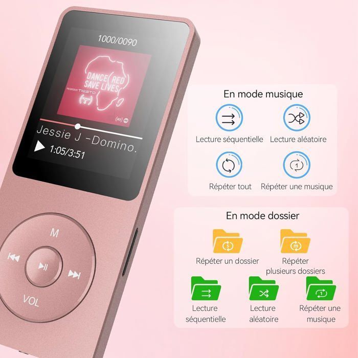 Lettore MP3 con batteria a lunga durata, lettore musicale HiFi lossless da 16 GB, radio multifunzione, supporta schede Micro SD fino a 64 GB.