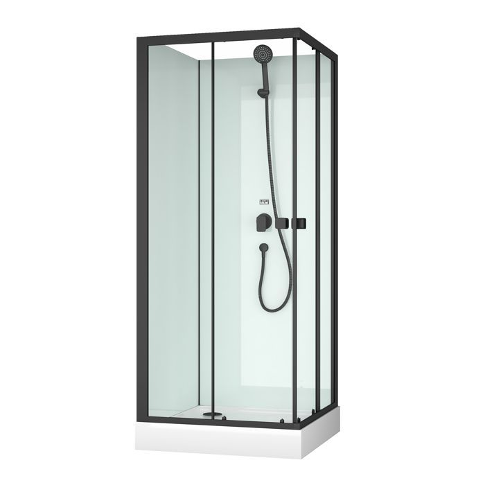 Vierkante douchecabine 80x80x200 cm - Schuifdeuren - Witte achterwand & Matzwarte profielen