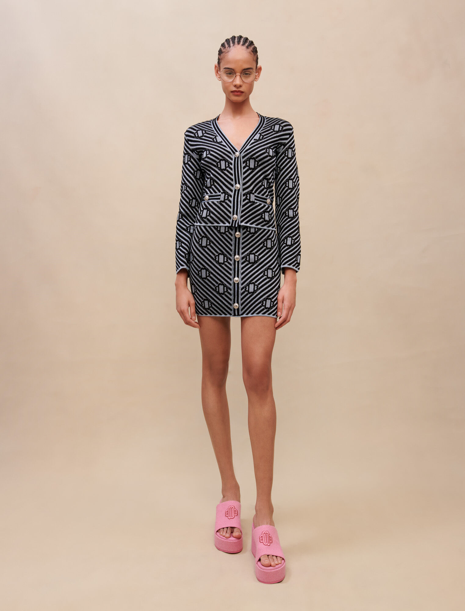 Bedrukt gebreid vest - Zwart/blauw